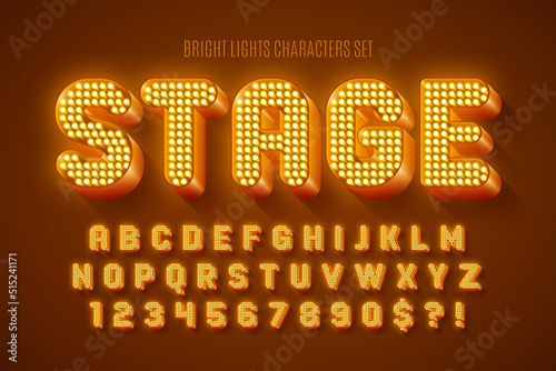 Retro show alphabet design, cabaret, LED lamps letters and numbers.
