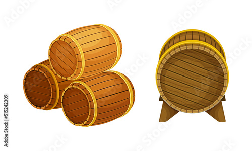 Wooden barrels set. Traditional oak casks for wine, rum, cognac, beer vector illustration