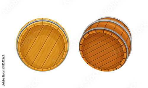 Wooden barrels set. Traditional oak casks for storing liquids, top view vector illustration