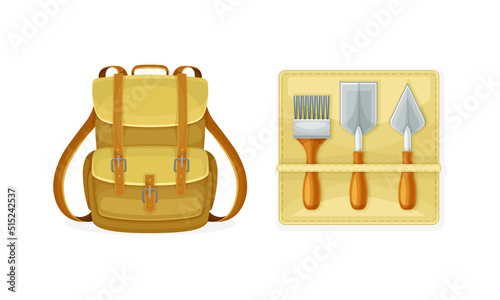 Archeology equipment set. Backpack and excavation tools vector illustration