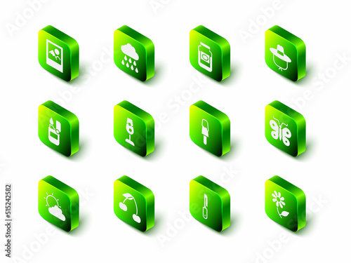 Set Cloud with rain, Jam jar, Camping hat, Butterfly, Flower, Ice cream, Knife and Cherry icon. Vector