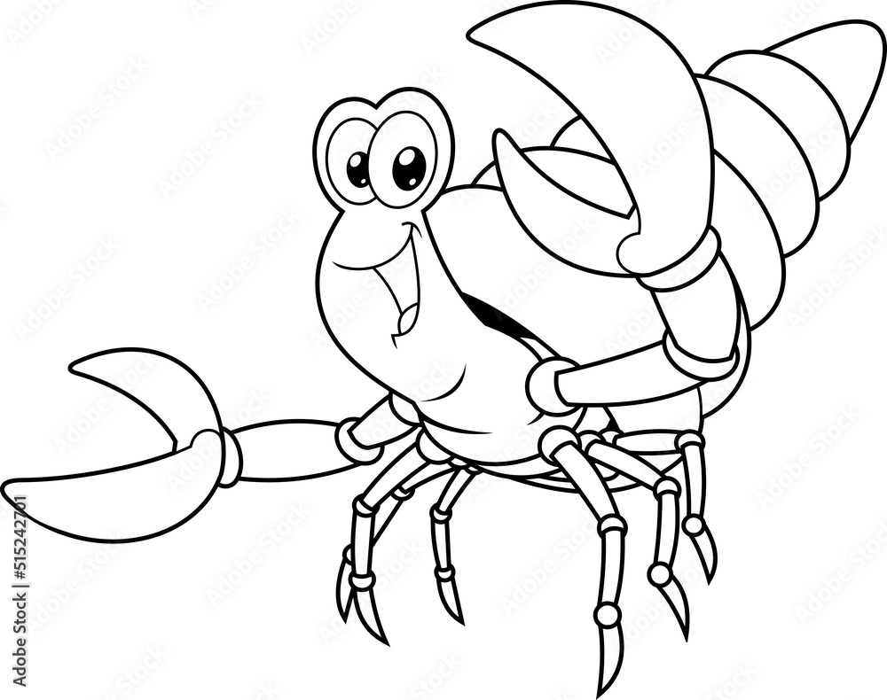 Outlined Happy Hermit Crab Cartoon Character In A Shell Waving For Greeting. Vector Hand Drawn Illustration Isolated On White Background Outlined Happy Hermit Crab Cartoon Character In A Shell Waving For Greeting. Vector Hand Drawn Illustration Isolated On White Background