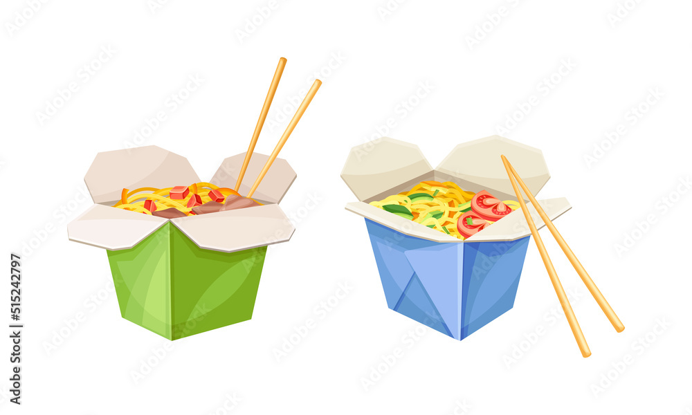 Wok noodles, take away boxes and chopsticks vector illustration vector de  Stock | Adobe Stock