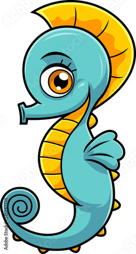 Cute Seahorse Cartoon Character In Underwater. Vector Hand Drawn Illustration Isolated On White Background