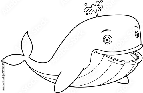 Outlined Happy Cute Whale Cartoon Character With Water Fountain. Vector Hand Drawn Illustration Isolated On White Background