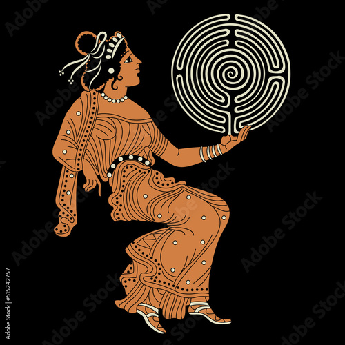 Sitting ancient Greek woman holding round spiral maze or labyrinth symbol. Creative concept. Ariadne or Pasiphae. Ob black background.