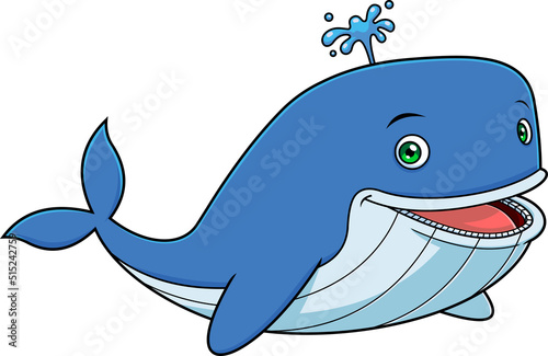 Happy Cute Whale Cartoon Character With Water Fountain. Vector Hand Drawn Illustration Isolated On White Background