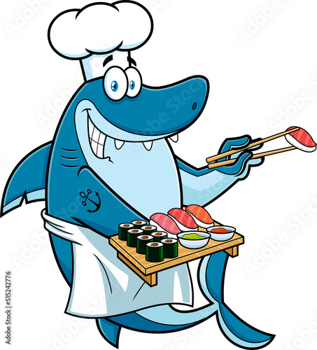 Shark Sushi Chef Cartoon Character Showing Sushi Set Japanese Seafood. Vector Hand Drawn Illustration Isolated On White Background