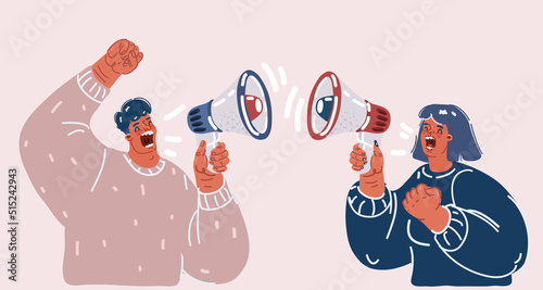 Vector illustration of man woman scream each other with megaphone. Quarrel concept with loudspeacker.