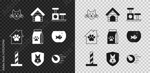 Set Cat, Dog house, scratching post with toy, Animal health insurance, Pet toys ball, and Bag of food for pet icon. Vector
