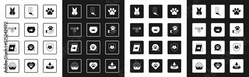 Set Paw print, Aquarium with fish, Collar name tag, Dog, Hands animals footprint, Drinker for small pets, Animal health insurance and Food icon. Vector