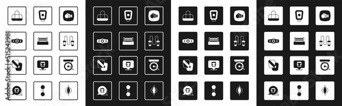 Set Boxing glove, ring, belt, Sport bag, Jump rope, training paws, gong and icon. Vector