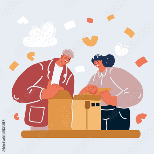 Vector illustration of Couple unpacking delivery box at home. Happy man and woman looking in carton box