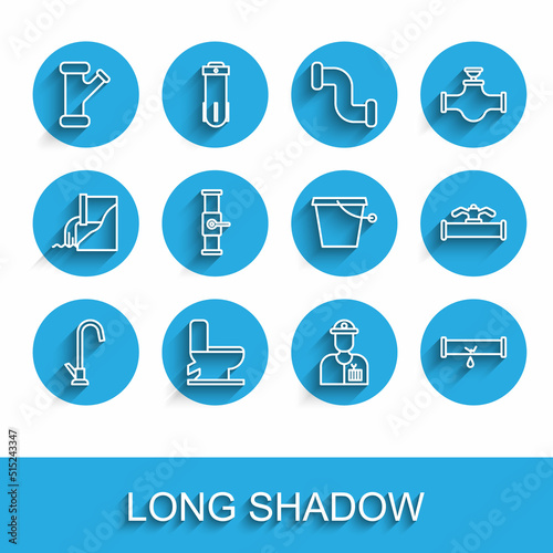 Set line Water tap, Toilet bowl, Industry metallic pipe, Plumber, Broken with leaking water, and valve, and Bucket icon. Vector