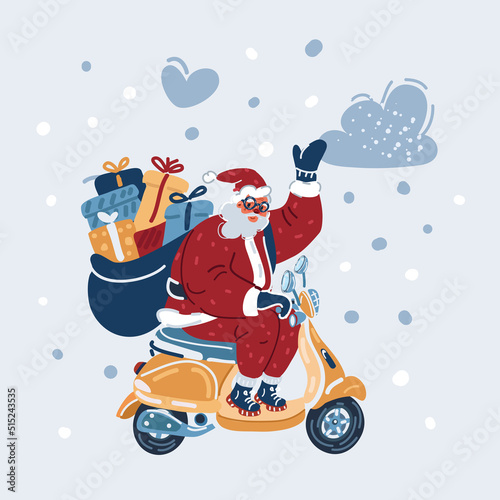 Vector illustration of happy Santa Claus with a gift sack riding a scooter.