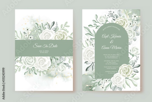 wedding invitation template with rose white and greenery leaves watercolor