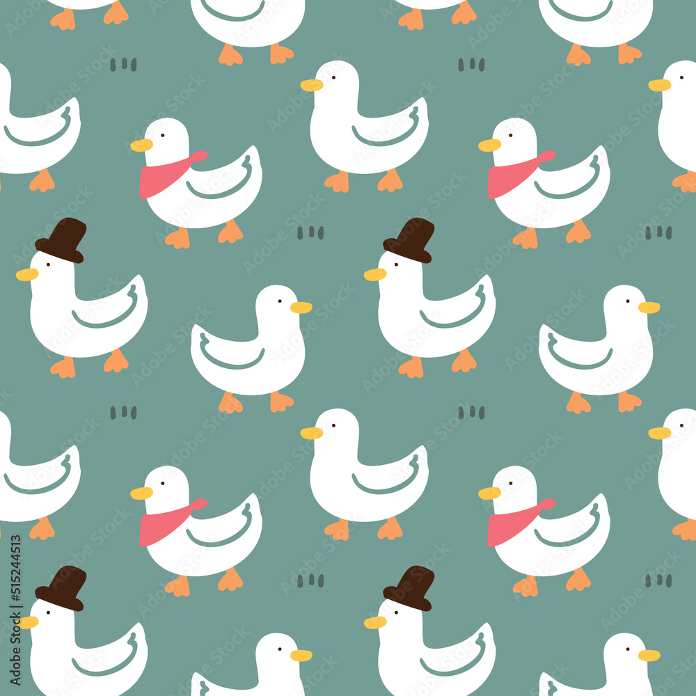 Seamless Pattern with Cartoon Duck Design on Green Background