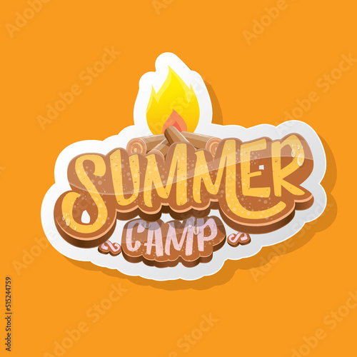 vector summer kids camp cartoon logo with campfire isolated on orange background. Summer camp vintage funky flyer, funny label or poster design template with fireplace and calligraphic text