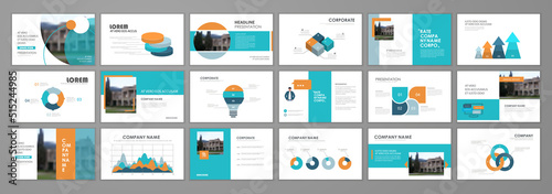Business presentation infographic elements template set. Keynote presentation background, slide templates design, website, brochure cover, landing page, annual report brochure. Vector Illustration