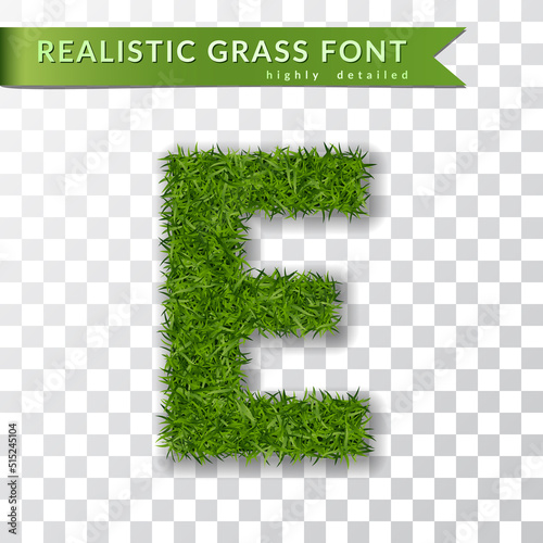 Grass letter E, alphabet 3D design. Capital letter text. Green font isolated white transparent background, shadow. Symbol eco nature environment, save the planet. Realistic meadow Vector illustration