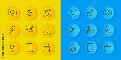 Set line Magic stone, Feather pen, Spider, Witch cauldron, powder, Venus, Life and Sun icon. Vector