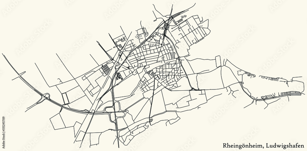 Detailed navigation black lines urban street roads map of the RHEINGÖNHEIM DISTRICT of the German regional capital city of Ludwigshafen am Rhein, Germany on vintage beige background