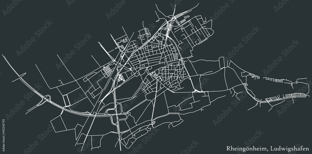 Detailed negative navigation white lines urban street roads map of the RHEINGÖNHEIM DISTRICT of the German regional capital city of Ludwigshafen am Rhein, Germany on dark gray background