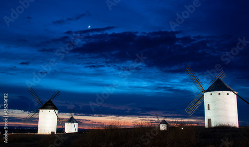 Windmills at night in Campo de Criptana, Spain