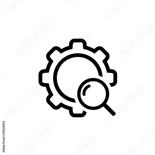 Gear with magnifying glass icon. Settings search. Vector illustration