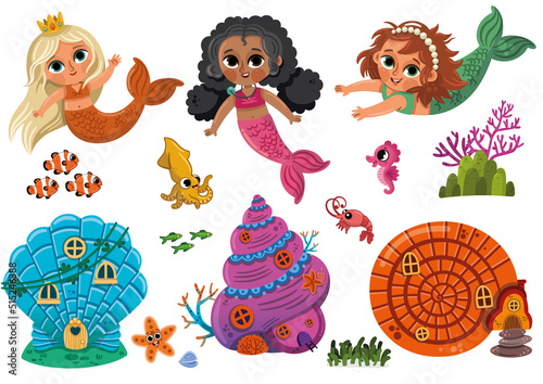 Clipart vector illustration set with cute mermaids and their houses.