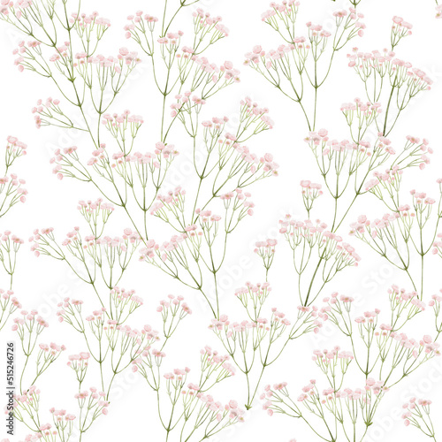 blush pink tiny floral feverfew wildflower greenery filler flowers watercolor Seamless Pattern photo