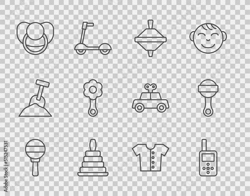 Set line Rattle baby toy, Baby monitor walkie talkie, Whirligig, Pyramid, dummy pacifier, t-shirt and icon. Vector
