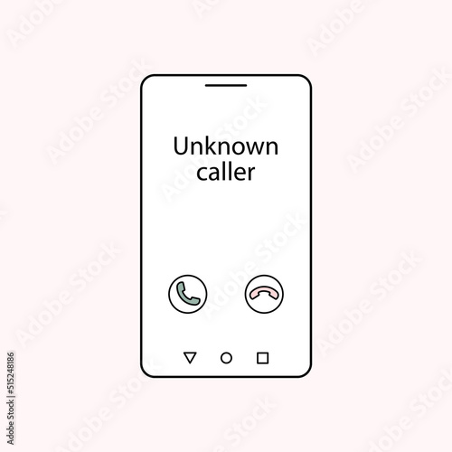 Unknown caller number. Vector outline illustration. Smartphone icon. Phone interface with two icons accept or reject a call.