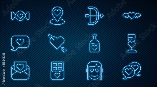 Set line Heart in speech bubble, Glass of champagne, Bow and arrow, Amour with heart, Candy, Bottle love potion and Location icon. Vector