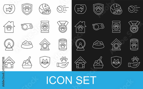 Set line Hands with animals footprint, Canned food, Pet award symbol, World pet, Retractable cord leash, house, Aquarium fish and Bag of for icon. Vector