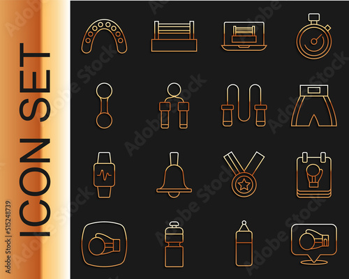 Set line Boxing glove, short, ring, Jump rope, Dumbbell, Mouth guard boxer and icon. Vector