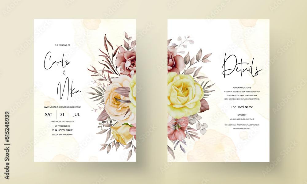 Wedding invitation set with elegant watercolor flower and leaves