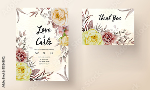 Wedding invitation set with elegant watercolor flower and leaves