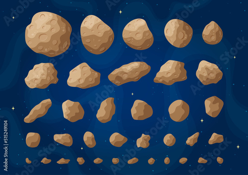Cartoon space asteroids vector illustration set. Colorful collection of space stones and asteroids, belt rocks and meteorites on fantastic starry blue background for cosmic concept art.