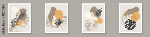 Botanical abstract arts set. Summer tropical banners. Black tropic plant leaves with abstract shapes. Works for wall framed prints, posters, home decor, covers. Vector illustrations. © Sketch Master