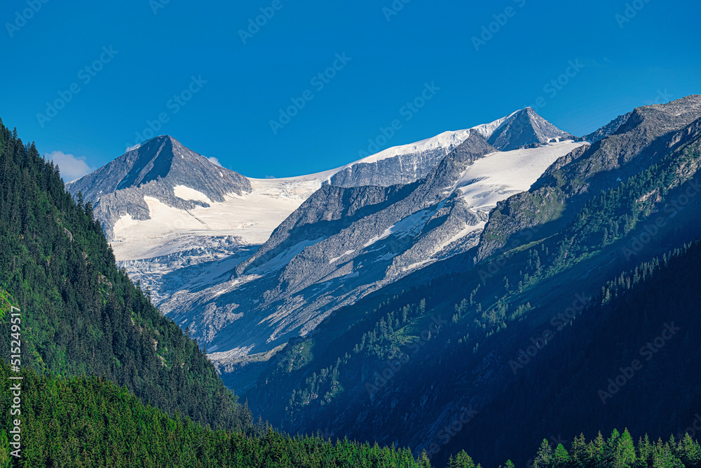 View on Grossvenediger right and Kleinvenediger left, Hohe Tauern National Park, Alps, Austria