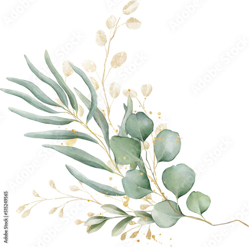 watercolor floral illustration foliage bouquet composition arrangement wreath greenery herbs round frame geometric natural gold green stationery wedding romance delicate silky