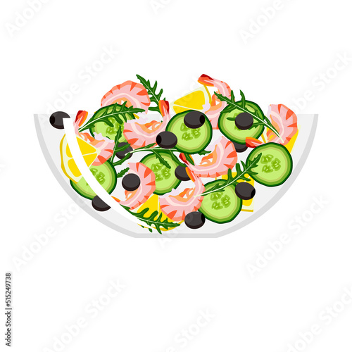 Green salad of fresh vegetables in a transparent salad bowl object isolated on a white background