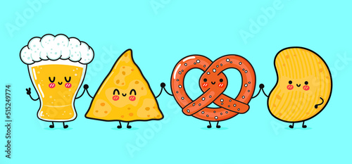 Cute, funny happy glass of beer, nachos, chips, pretzel. Vector hand drawn cartoon kawaii characters, illustration icon. Funny cartoon glass of beer, nachos pretzel chips mascot friends concept