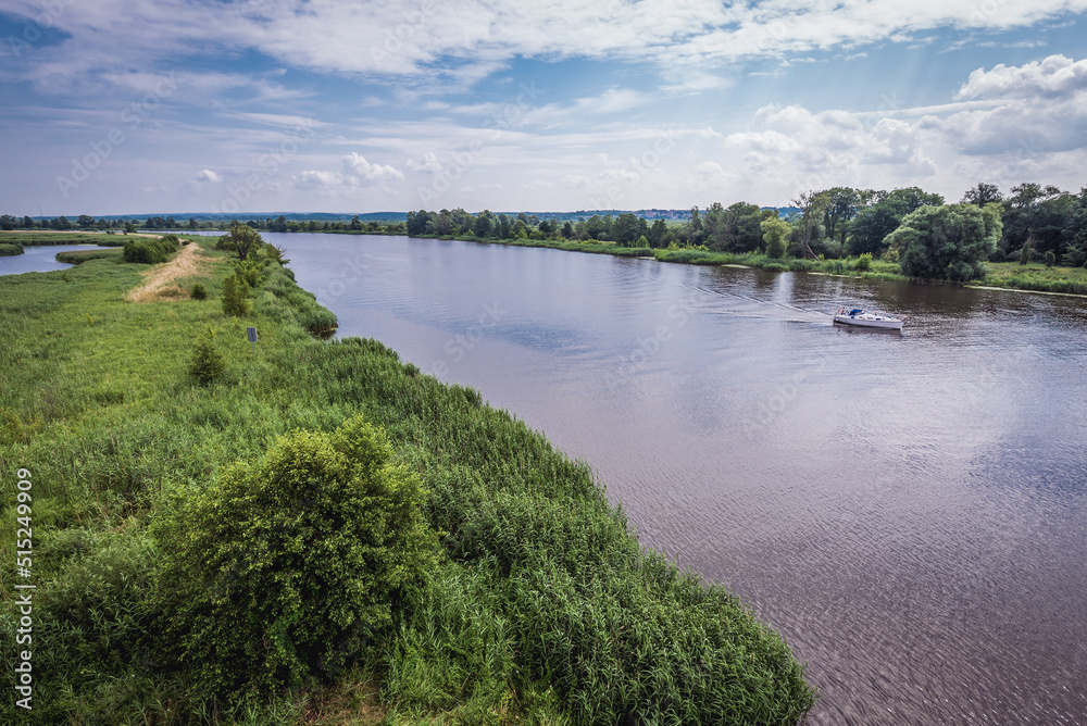 Aerial view of West Oder river in Mescherin municipality, Germany