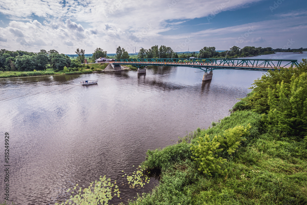 West Oder river in Mescherin municipality with bridge to Gryfino in Poland