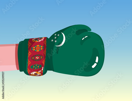 Flag of Turkmenistan on boxing glove. Confrontation between countries with competitive power. Offensive attitude. Separation of power. Template ready design.