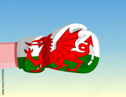 Flag of Wales on boxing glove. Confrontation between countries with competitive power. Offensive attitude. Separation of power. Template ready design.