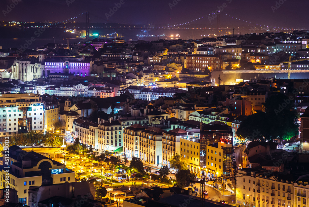 Fototapeta premium Evening aerial view from Nossa Senhora do Monte viewing point on Martim Moniz square in Lisbon city, Portugal