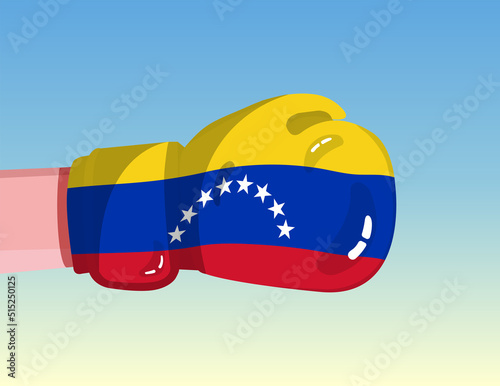 Flag of Venezuela on boxing glove. Confrontation between countries with competitive power. Offensive attitude. Separation of power. Template ready design.